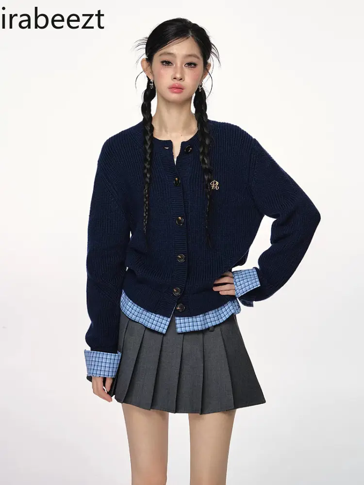 New Autumn and Winter Three-color Fake Two-piece Knitted Cardigan with Versatile Design and Spliced Slim Sweater Jacket