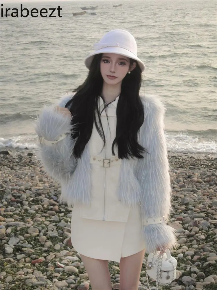 Winter New Fashion Temperament High End Fake Two Environmentally Friendly Fur Coat High Waist Skirt Suit Women