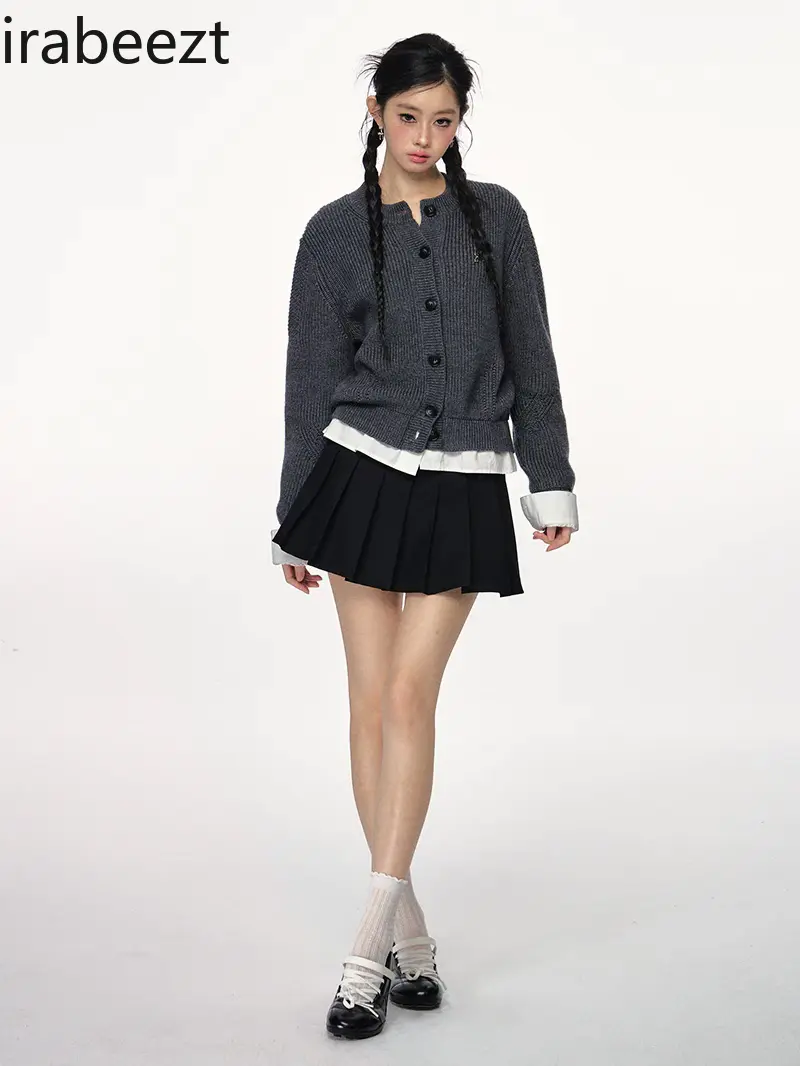 New Autumn and Winter Three-color Fake Two-piece Knitted Cardigan with Versatile Design and Spliced Slim Sweater Jacket