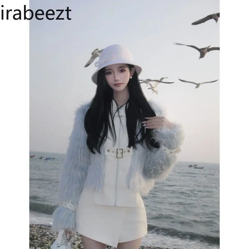 Winter New Fashion Temperament High End Fake Two Environmentally Friendly Fur Coat High Waist Skirt Suit Women