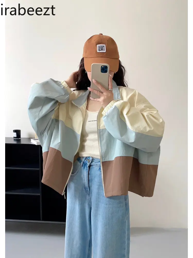 Hong Kong Style Splicing Contrast Color Stand Collar Jacket Female Spring and Autumn Thin Windproof Sunscreen Cardigan Top
