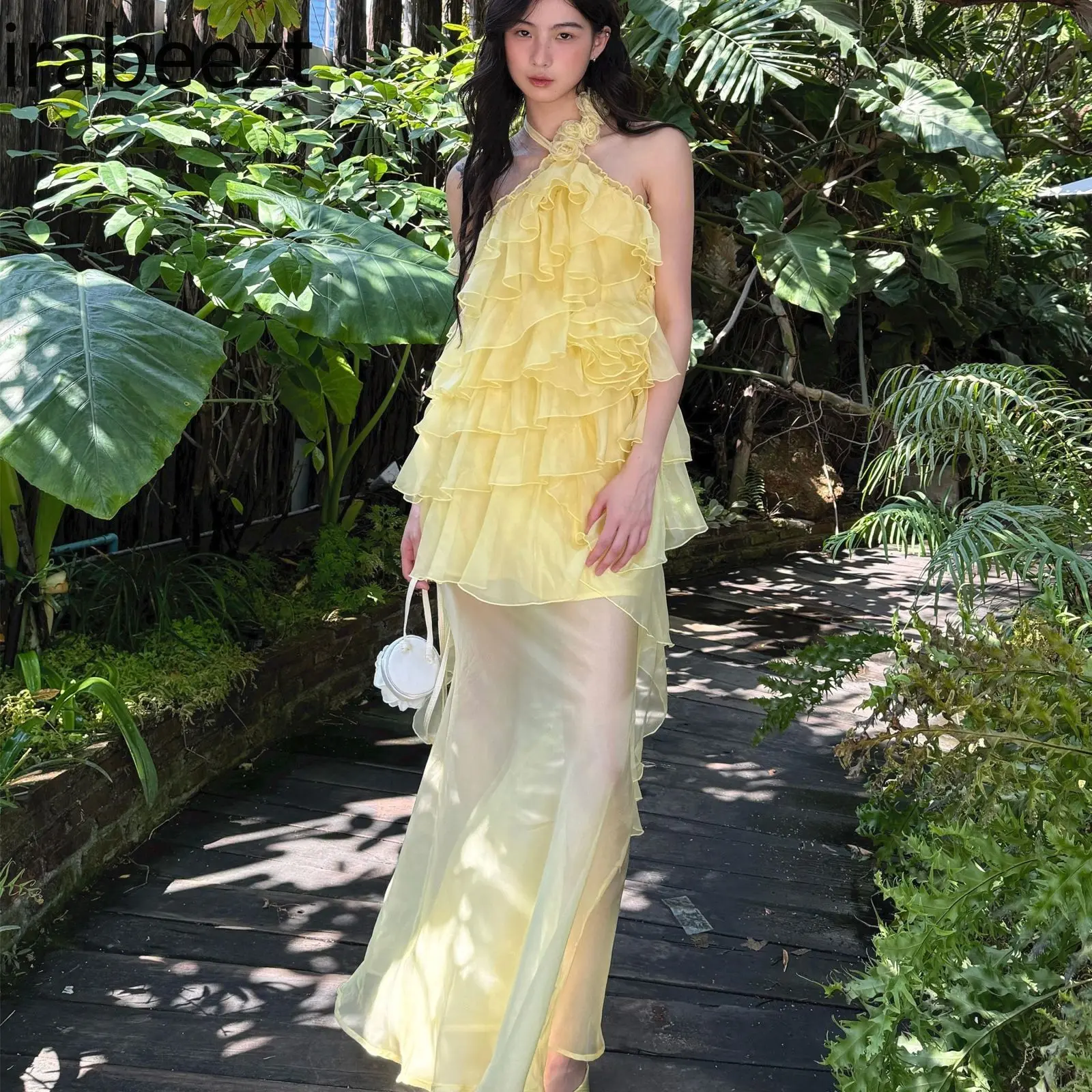 Irregularly Styled Vacation Style Ruffled Neckline Top High-waisted Half-length Skirt Two-piece Women's Summer New Collection