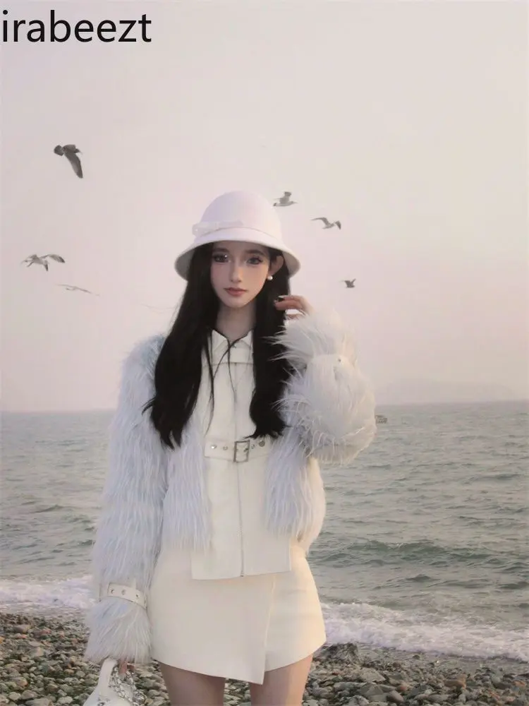 Winter New Fashion Temperament High End Fake Two Environmentally Friendly Fur Coat High Waist Skirt Suit Women