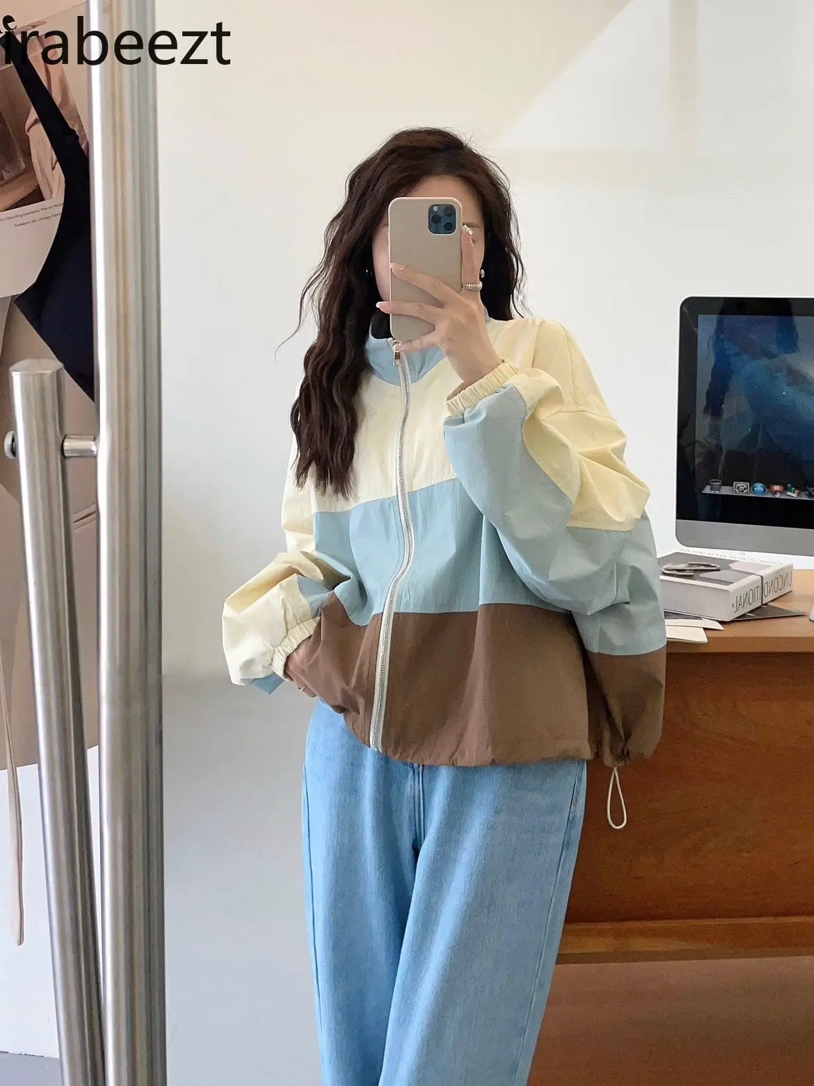 Hong Kong Style Splicing Contrast Color Stand Collar Jacket Female Spring and Autumn Thin Windproof Sunscreen Cardigan Top