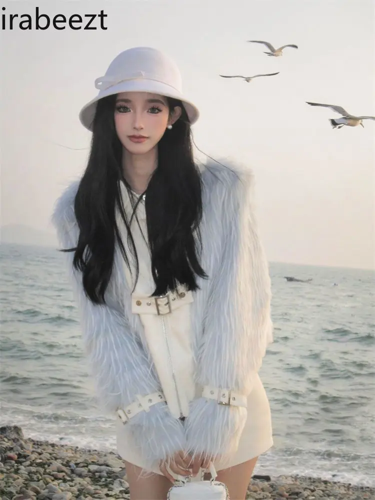 Winter New Fashion Temperament High End Fake Two Environmentally Friendly Fur Coat High Waist Skirt Suit Women