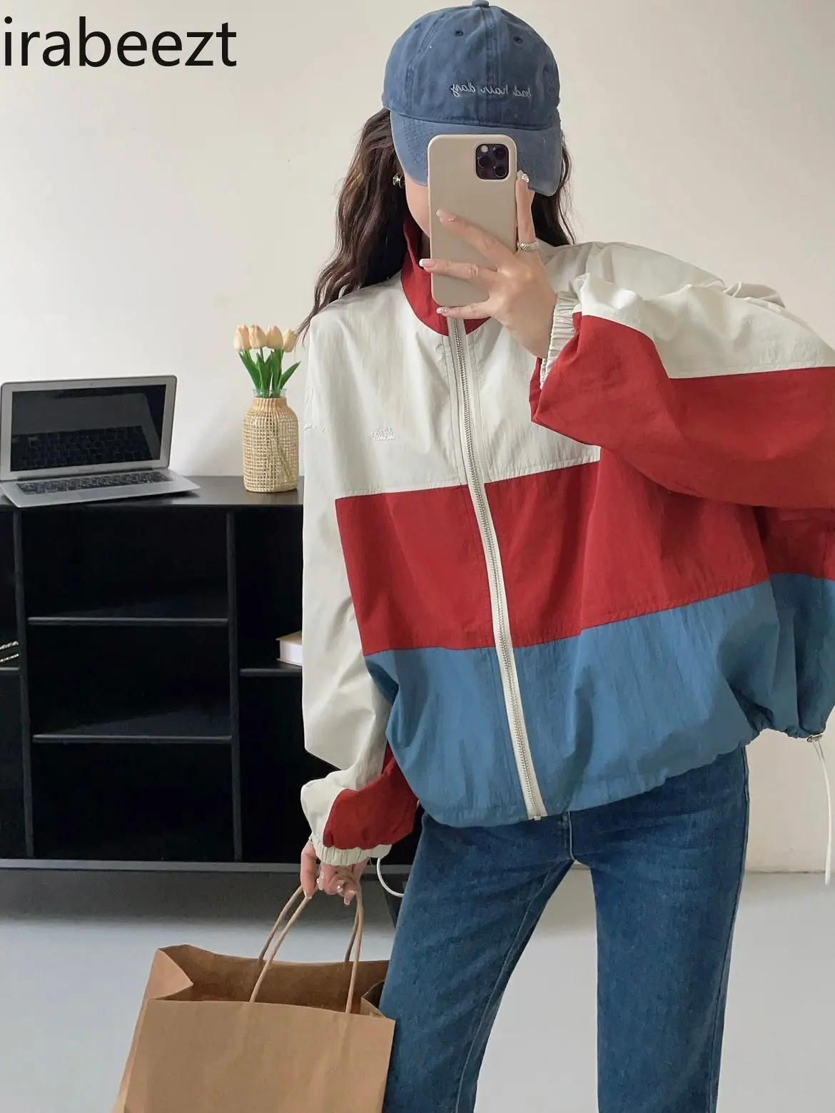 Hong Kong Style Splicing Contrast Color Stand Collar Jacket Female Spring and Autumn Thin Windproof Sunscreen Cardigan Top