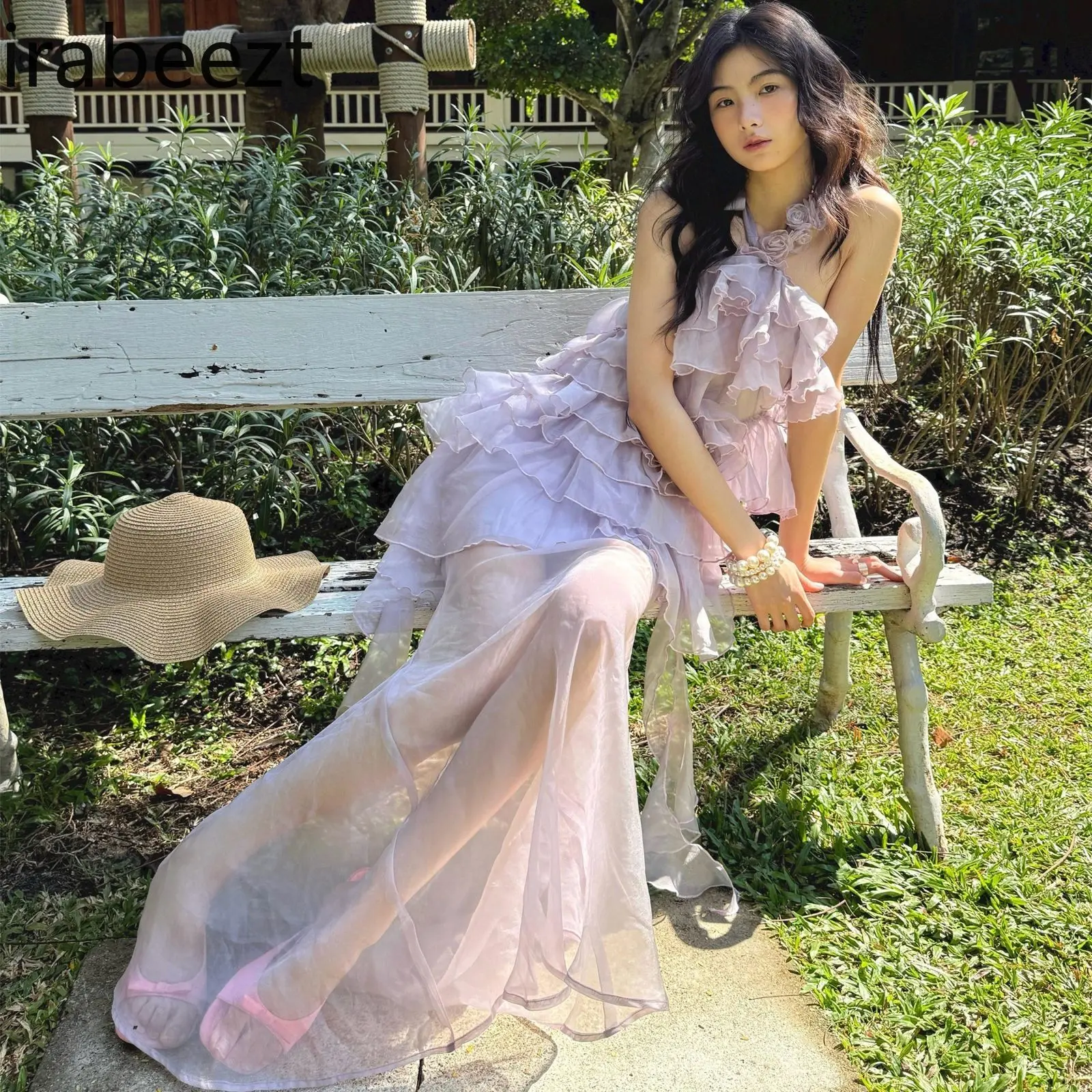 Irregularly Styled Vacation Style Ruffled Neckline Top High-waisted Half-length Skirt Two-piece Women's Summer New Collection