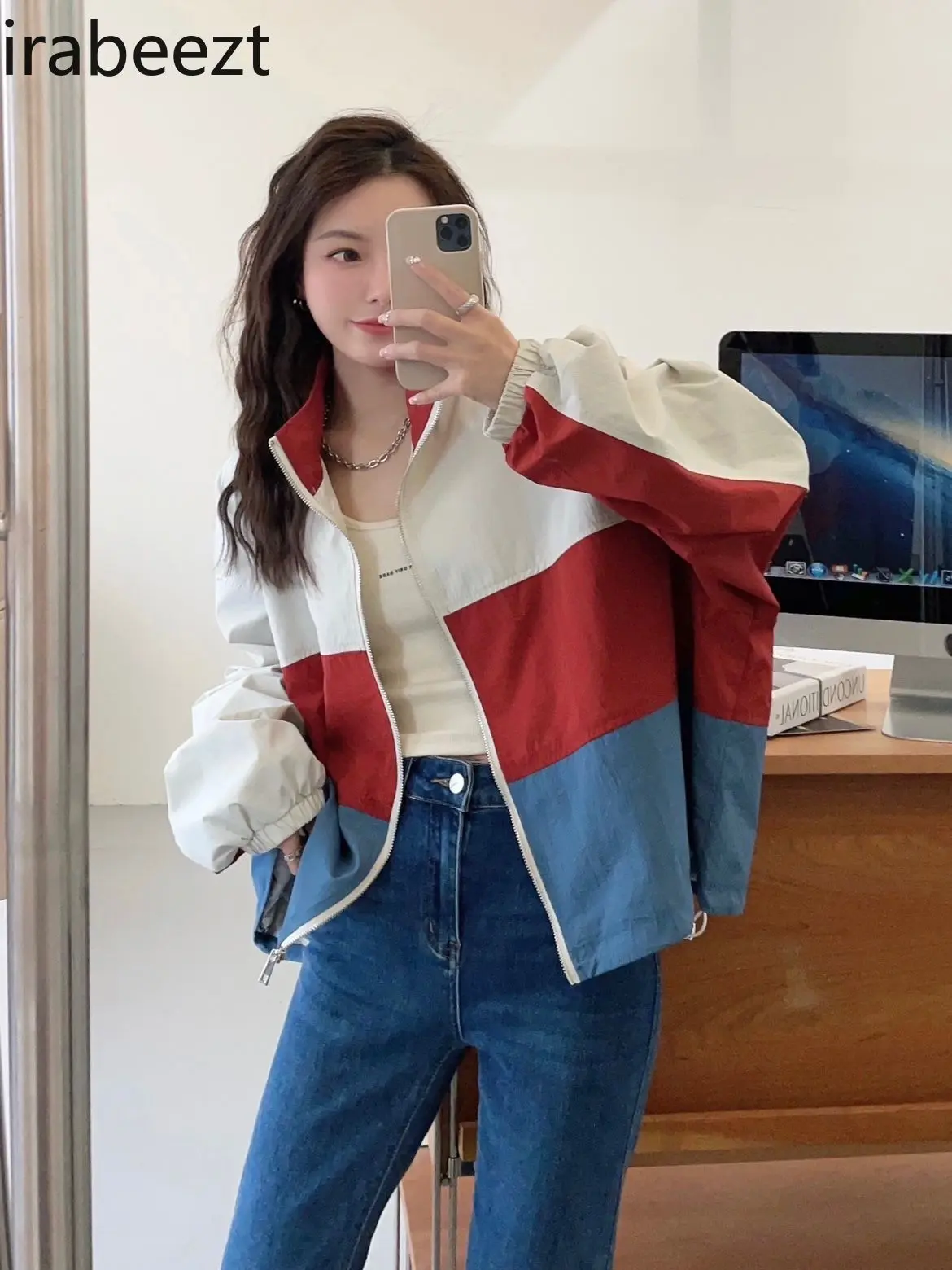 Hong Kong Style Splicing Contrast Color Stand Collar Jacket Female Spring and Autumn Thin Windproof Sunscreen Cardigan Top