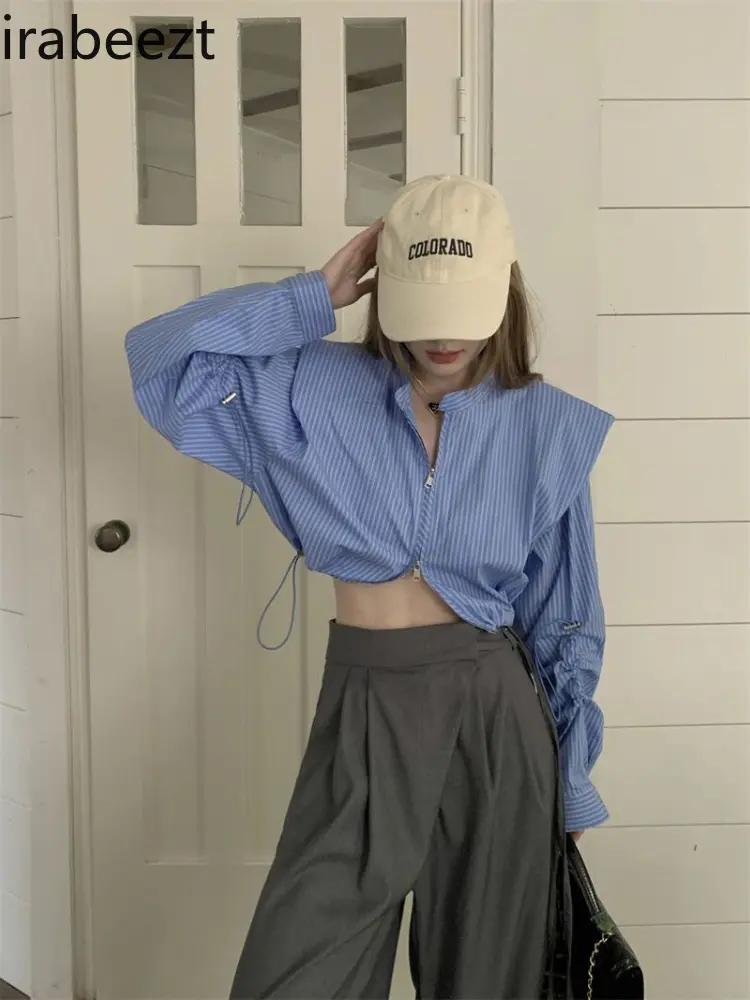 Korean Striped Drawstring Shirt for Women Spring and Autumn Loose Short Design Niche Sweet and Spicy Long-sleeved Top