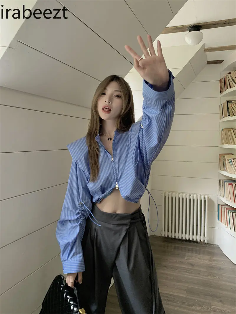Korean Striped Drawstring Shirt for Women Spring and Autumn Loose Short Design Niche Sweet and Spicy Long-sleeved Top
