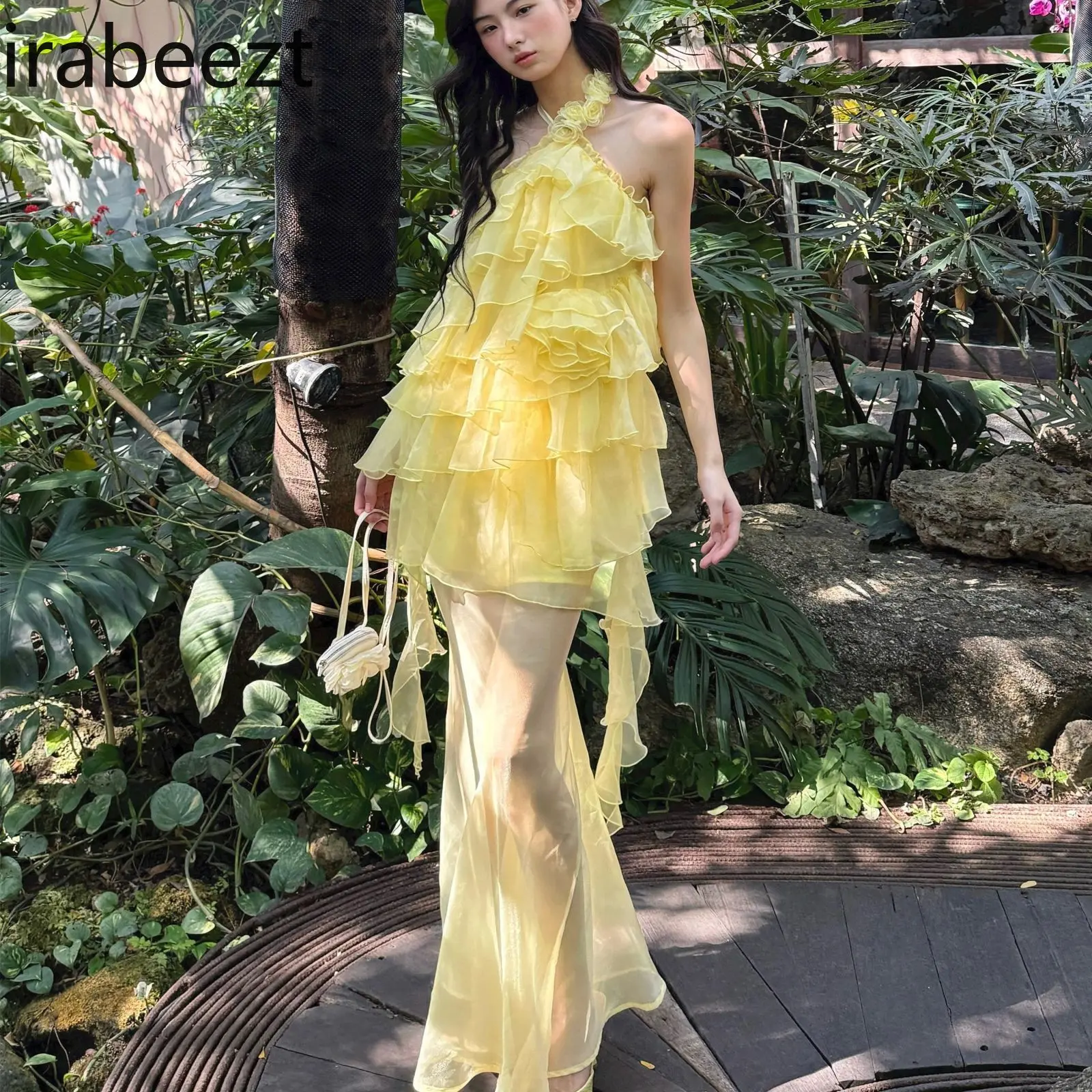 Irregularly Styled Vacation Style Ruffled Neckline Top High-waisted Half-length Skirt Two-piece Women's Summer New Collection