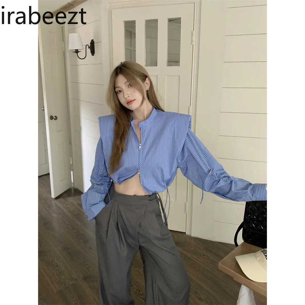 Korean Striped Drawstring Shirt for Women Spring and Autumn Loose Short Design Niche Sweet and Spicy Long-sleeved Top