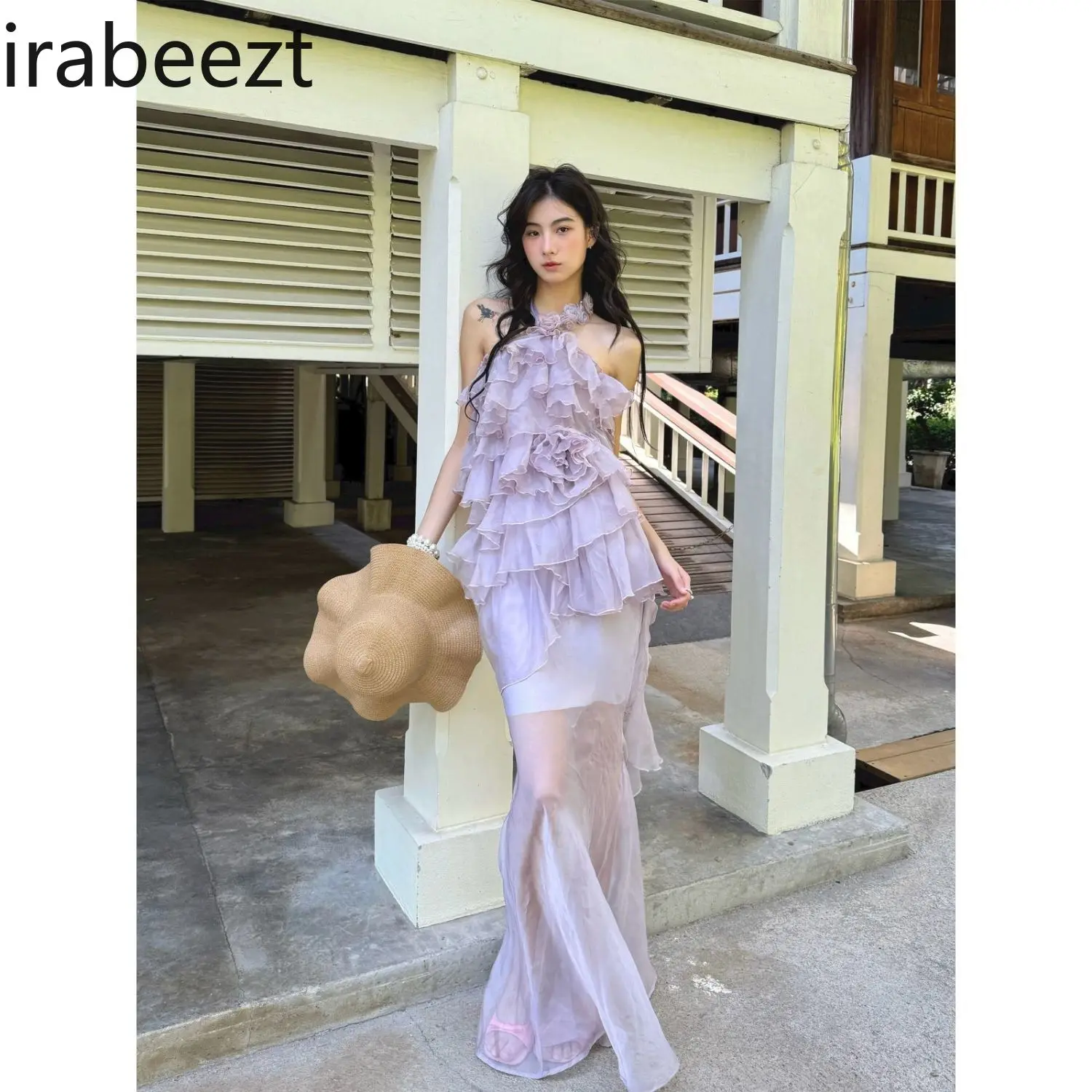 Irregularly Styled Vacation Style Ruffled Neckline Top High-waisted Half-length Skirt Two-piece Women's Summer New Collection