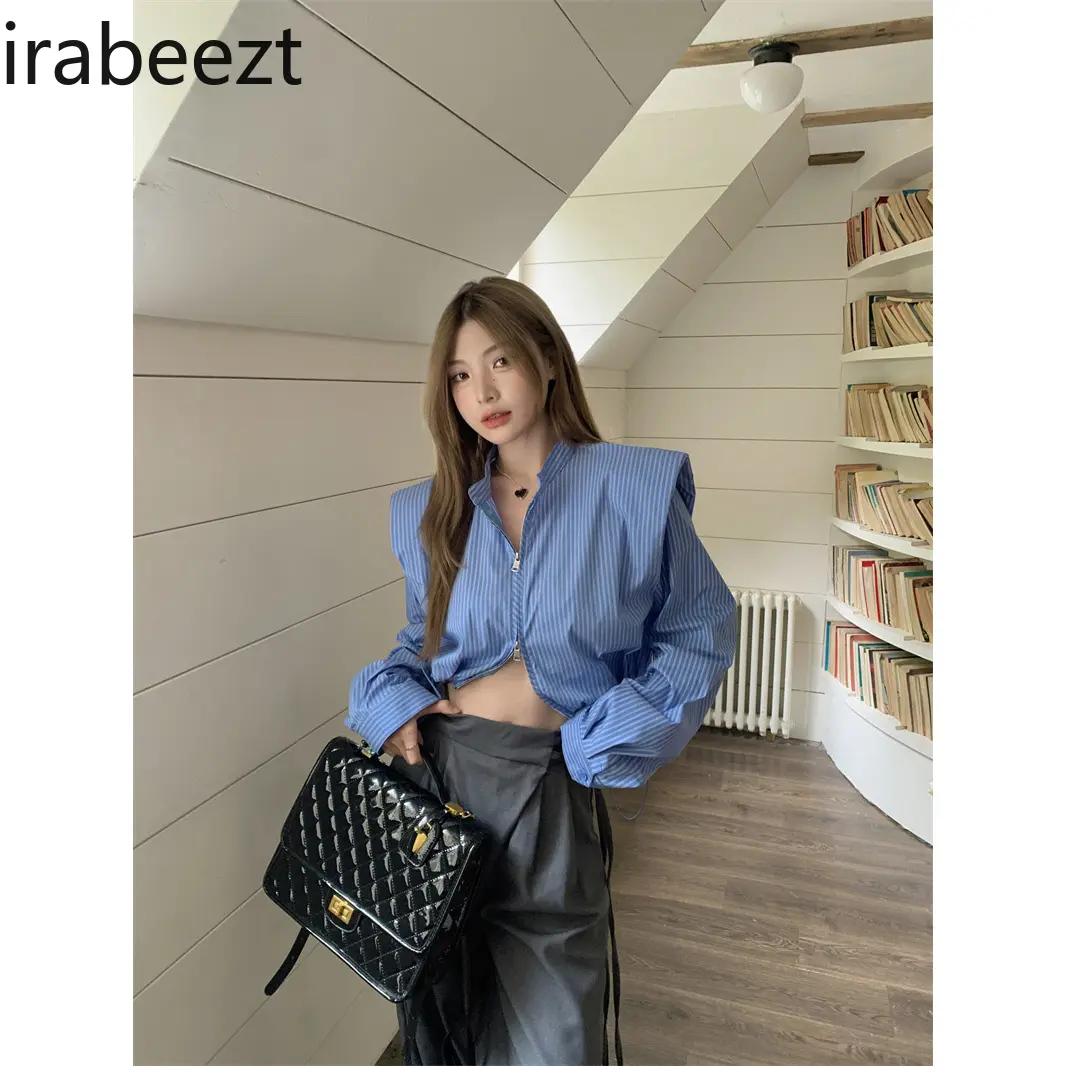 Korean Striped Drawstring Shirt for Women Spring and Autumn Loose Short Design Niche Sweet and Spicy Long-sleeved Top