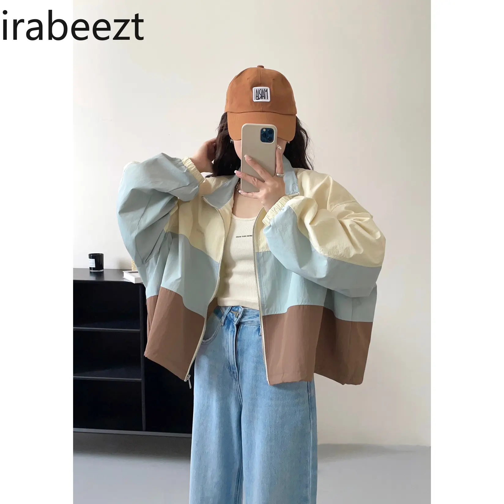 Hong Kong Style Splicing Contrast Color Stand Collar Jacket Female Spring and Autumn Thin Windproof Sunscreen Cardigan Top