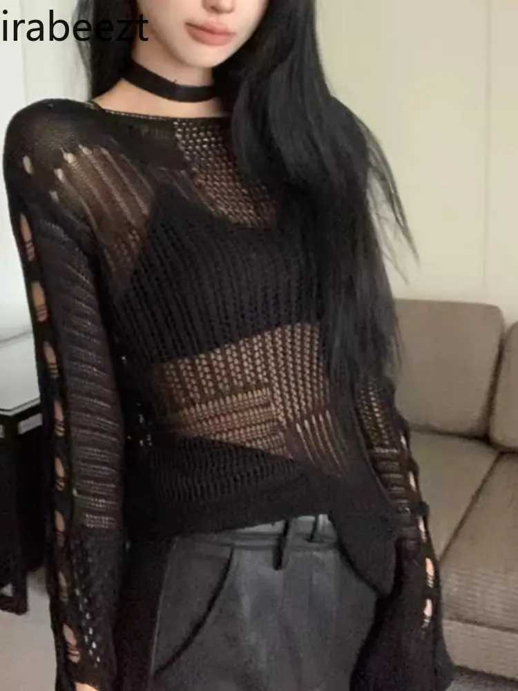 Summer Thin Sun Protection Shirt for Women 2024 New Hollow Shirt Sexy Hot Girl Style See-through with Hole Design Top