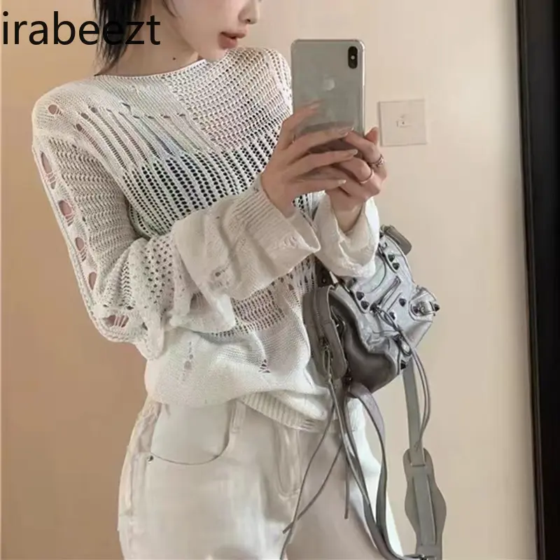 Summer Thin Sun Protection Shirt for Women 2024 New Hollow Shirt Sexy Hot Girl Style See-through with Hole Design Top