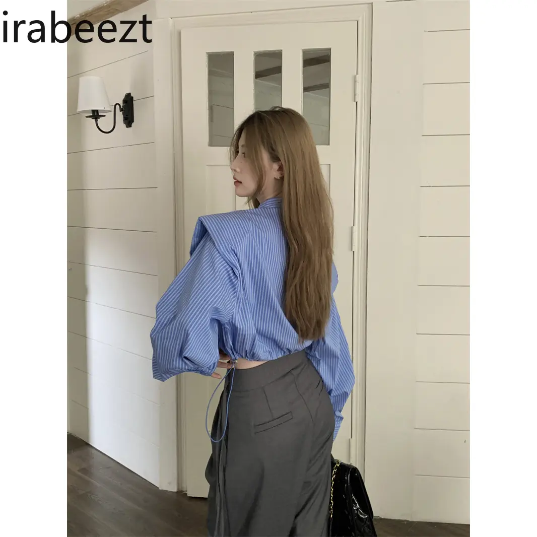 Korean Striped Drawstring Shirt for Women Spring and Autumn Loose Short Design Niche Sweet and Spicy Long-sleeved Top