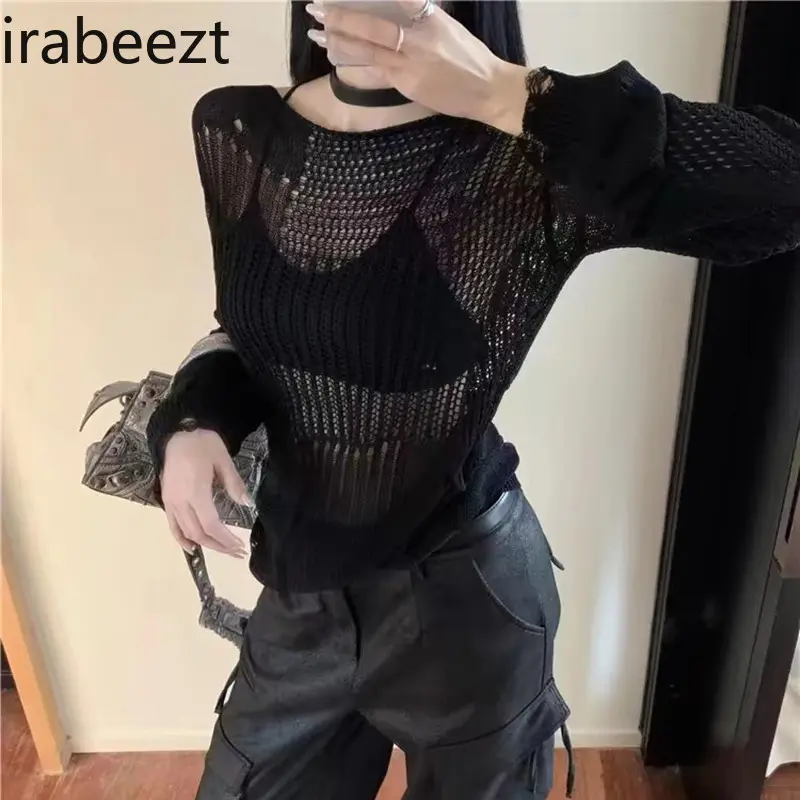 Summer Thin Sun Protection Shirt for Women 2024 New Hollow Shirt Sexy Hot Girl Style See-through with Hole Design Top