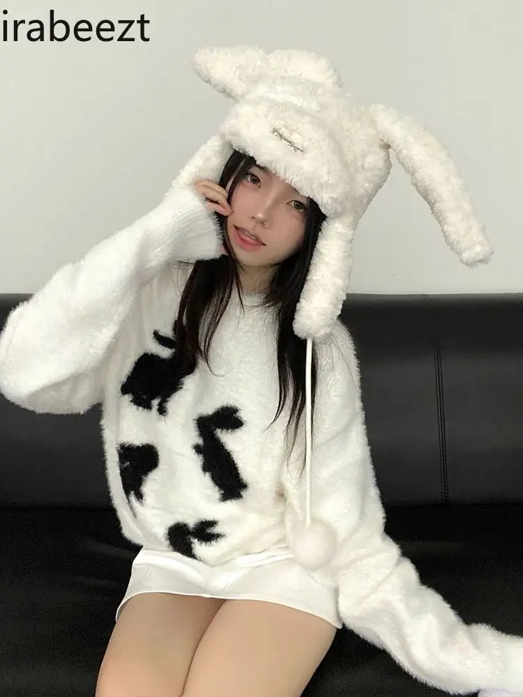 Soft Waxy Women's Autumn Winter Rabbit Jacquard Imitation Mink Hair Loose Pullover Fashion Casual White Knitted Top