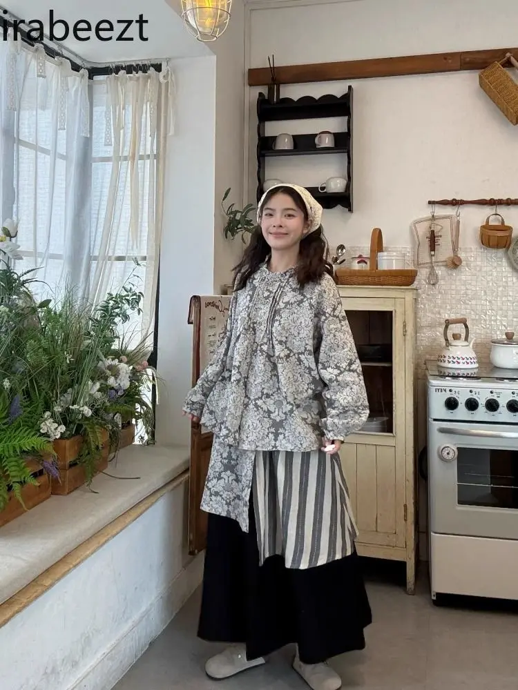 Vintage Jacquard Cotton Hemp Shirt High Waist Thin Patchwork Skirt Women 2025 Spring New Fashion Set Chic Conjuntos De Saias