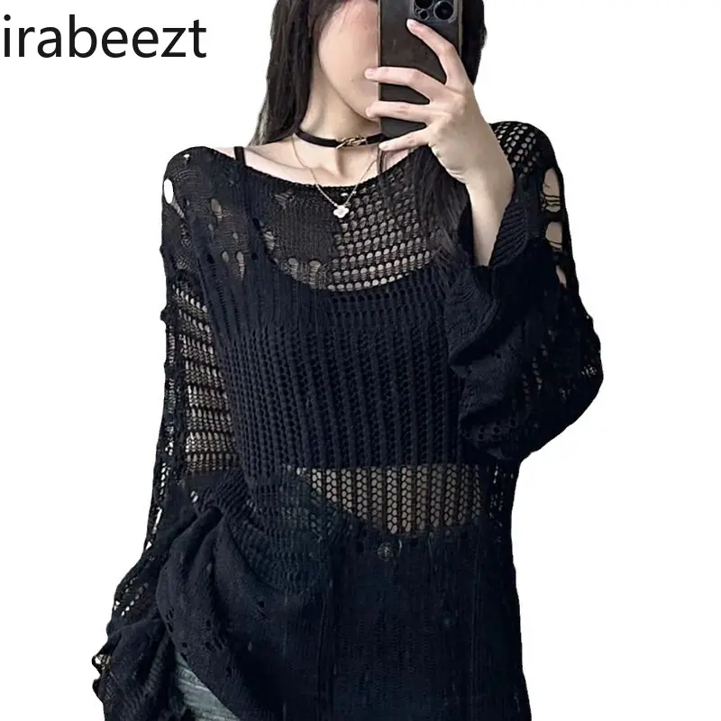 Summer Thin Sun Protection Shirt for Women 2024 New Hollow Shirt Sexy Hot Girl Style See-through with Hole Design Top