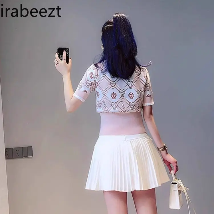 2025 Summer New Crown Embroidery Ice Silk T-Shirt Women's Bow Collar Short Sleeve Double Button Knit Top Slim Fit Blouse