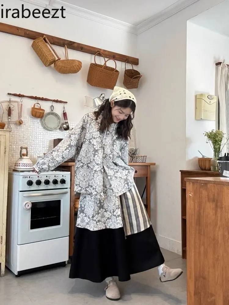 Vintage Jacquard Cotton Hemp Shirt High Waist Thin Patchwork Skirt Women 2025 Spring New Fashion Set Chic Conjuntos De Saias