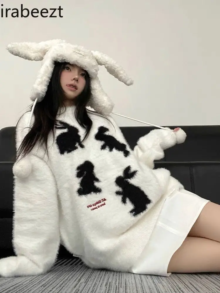 Soft Waxy Women's Autumn Winter Rabbit Jacquard Imitation Mink Hair Loose Pullover Fashion Casual White Knitted Top