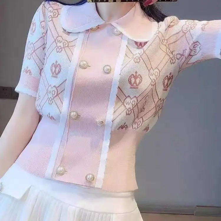 2025 Summer New Crown Embroidery Ice Silk T-Shirt Women's Bow Collar Short Sleeve Double Button Knit Top Slim Fit Blouse