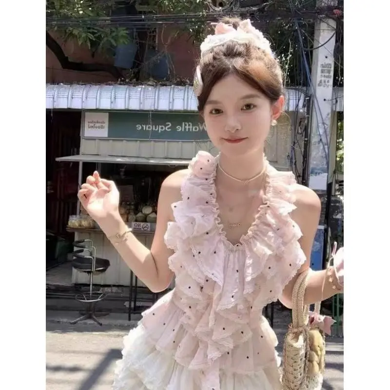 Sweet Pink Polka Dot Halter Neck Blouse with Ruffles & High Waist Tiered Cake Skirt Set - Cute Y2K Women's Fashion