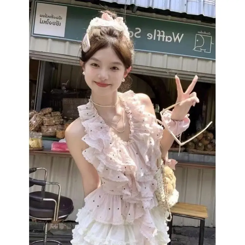 Sweet Pink Polka Dot Halter Neck Blouse with Ruffles & High Waist Tiered Cake Skirt Set - Cute Y2K Women's Fashion