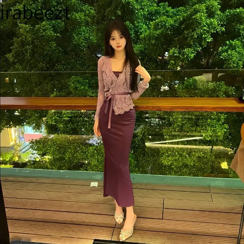2025 Spring and Autumn New Purple Hip Suspender Dress Lace Strap Top Sexy 2 Pieces of Suit Conjuntos Feminino Elegante