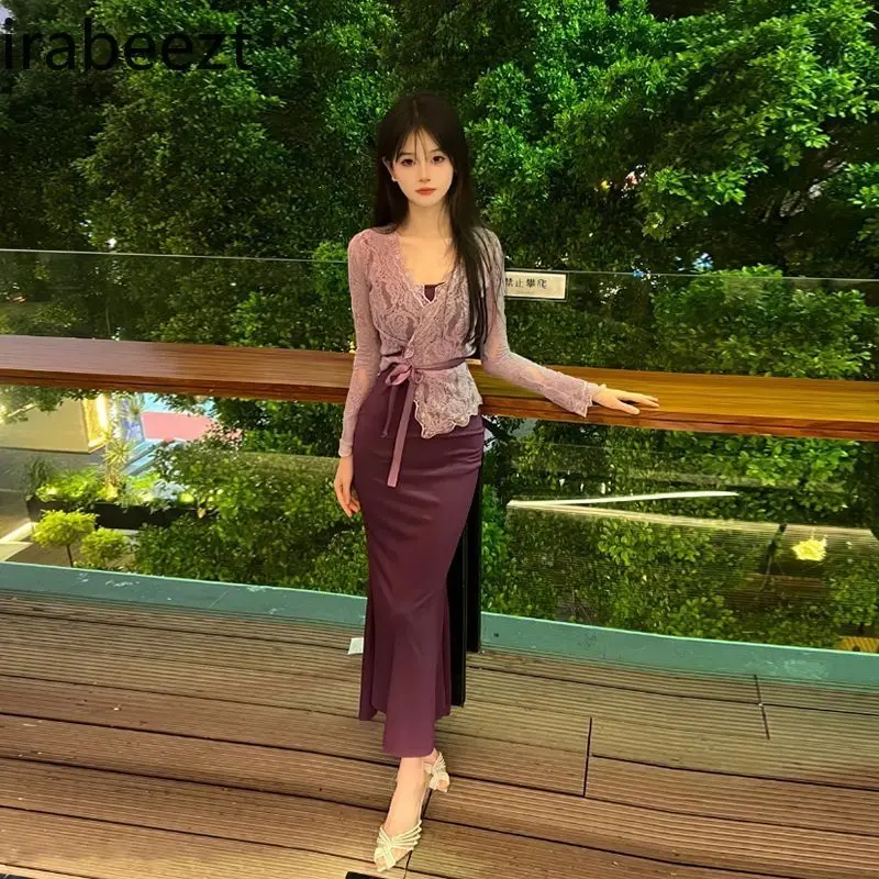2025 Spring and Autumn New Purple Hip Suspender Dress Lace Strap Top Sexy 2 Pieces of Suit Conjuntos Feminino Elegante