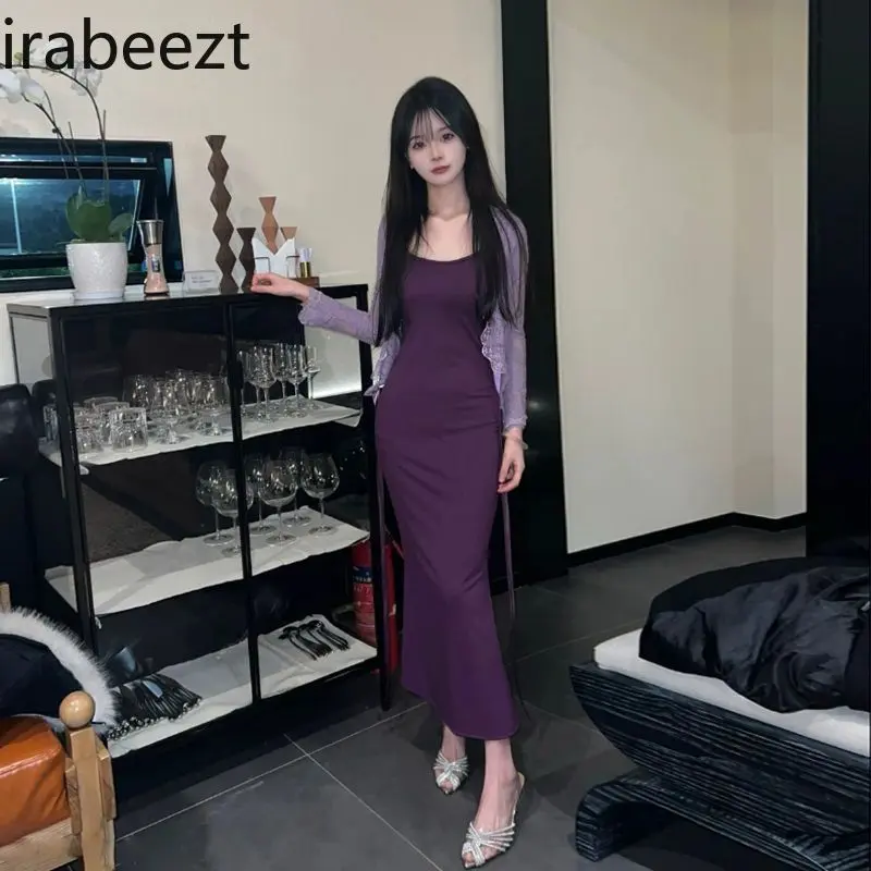 2025 Spring and Autumn New Purple Hip Suspender Dress Lace Strap Top Sexy 2 Pieces of Suit Conjuntos Feminino Elegante