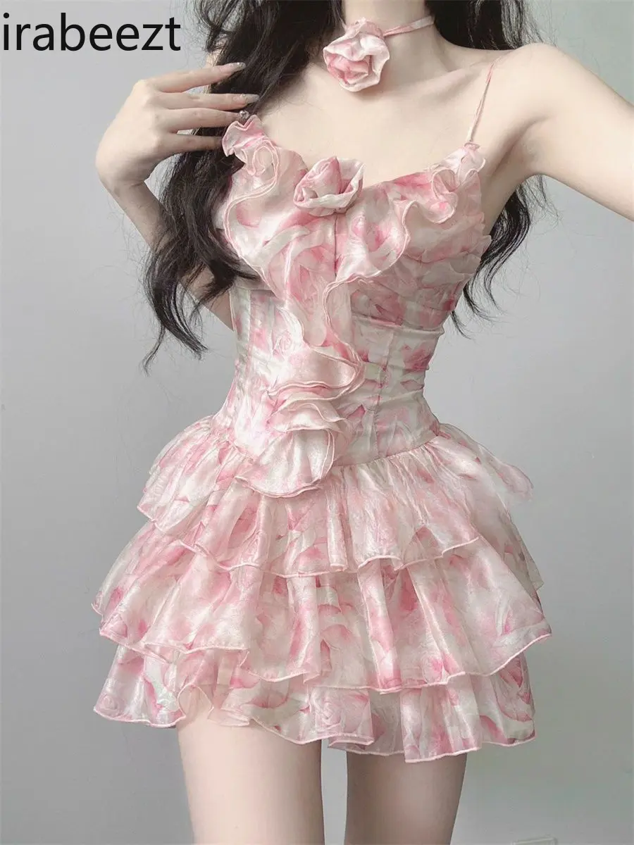 Sweet Hot Girl Ruffled Floral Age-reducing Sling Summer Fashion Waist Slimming Cake Short Dress Women's Clothing Sexy Dress