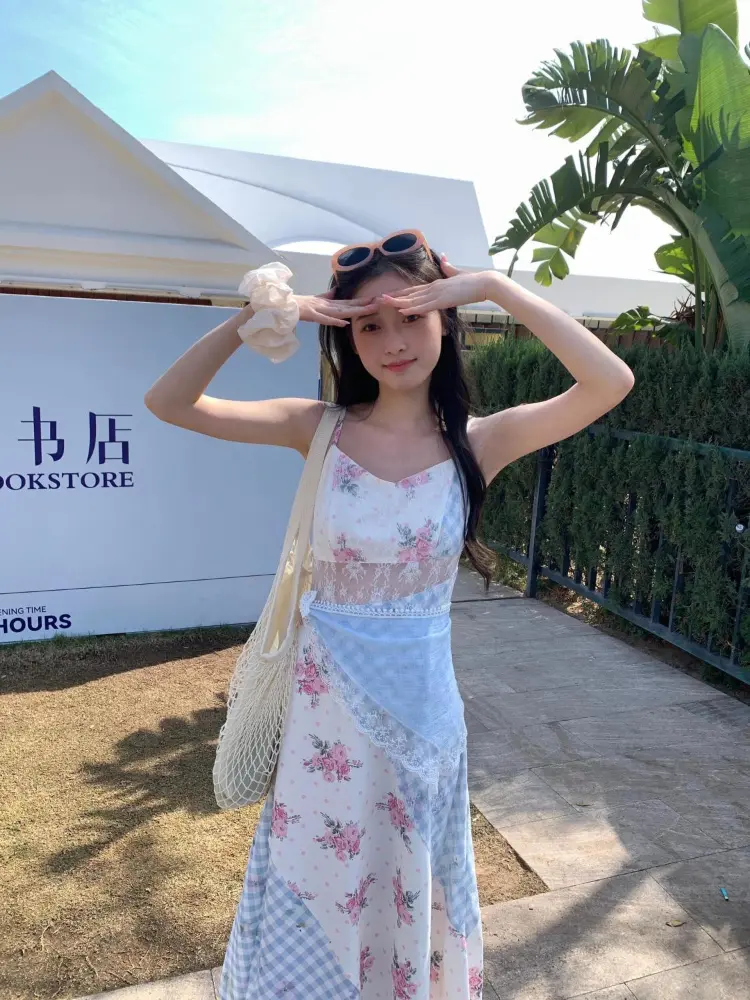 French Style Floral Suspender Dress New Summer Small Waist Slimming A-line Long Skirt Women's Clothing Vestido Emo
