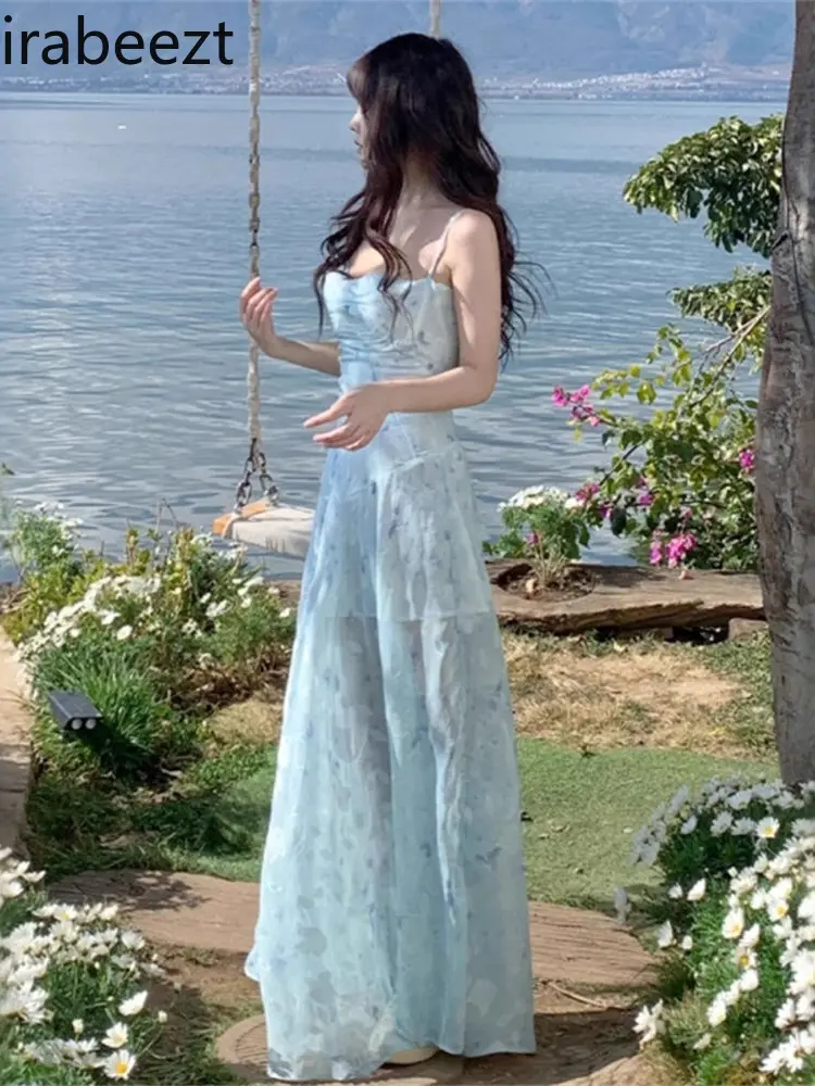 New Summer Style Age-reducing Waist Slimming A-line Long Skirt for Women French Gentle Style High-grade Floral Suspender Dress