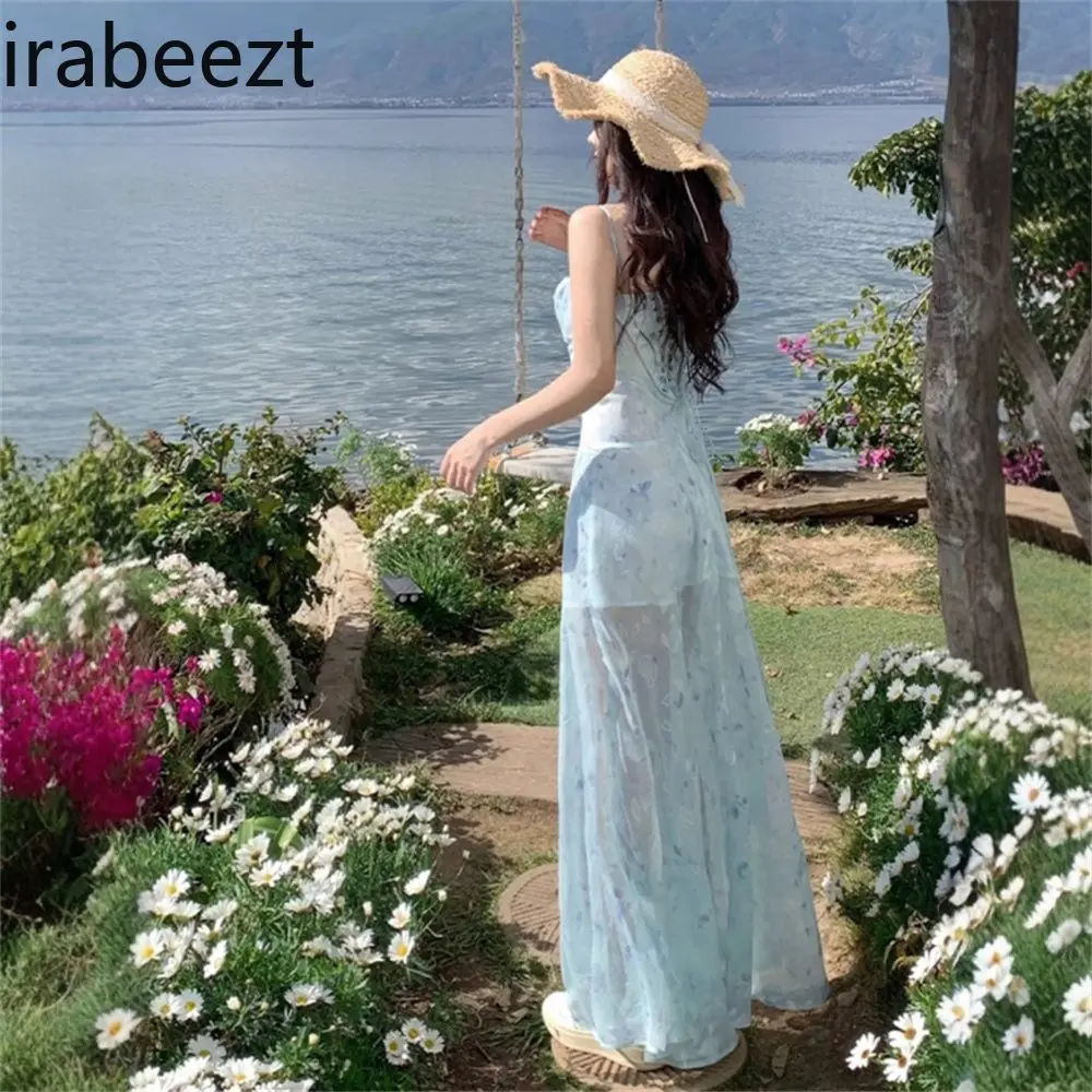 New Summer Style Age-reducing Waist Slimming A-line Long Skirt for Women French Gentle Style High-grade Floral Suspender Dress