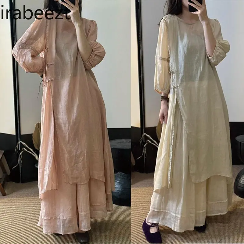 New Chinese High Quality Ramie Hand-made Disc Buckle Lace Cotton Linen Dress Double Half Skirt Set Tide Robe Femme Été