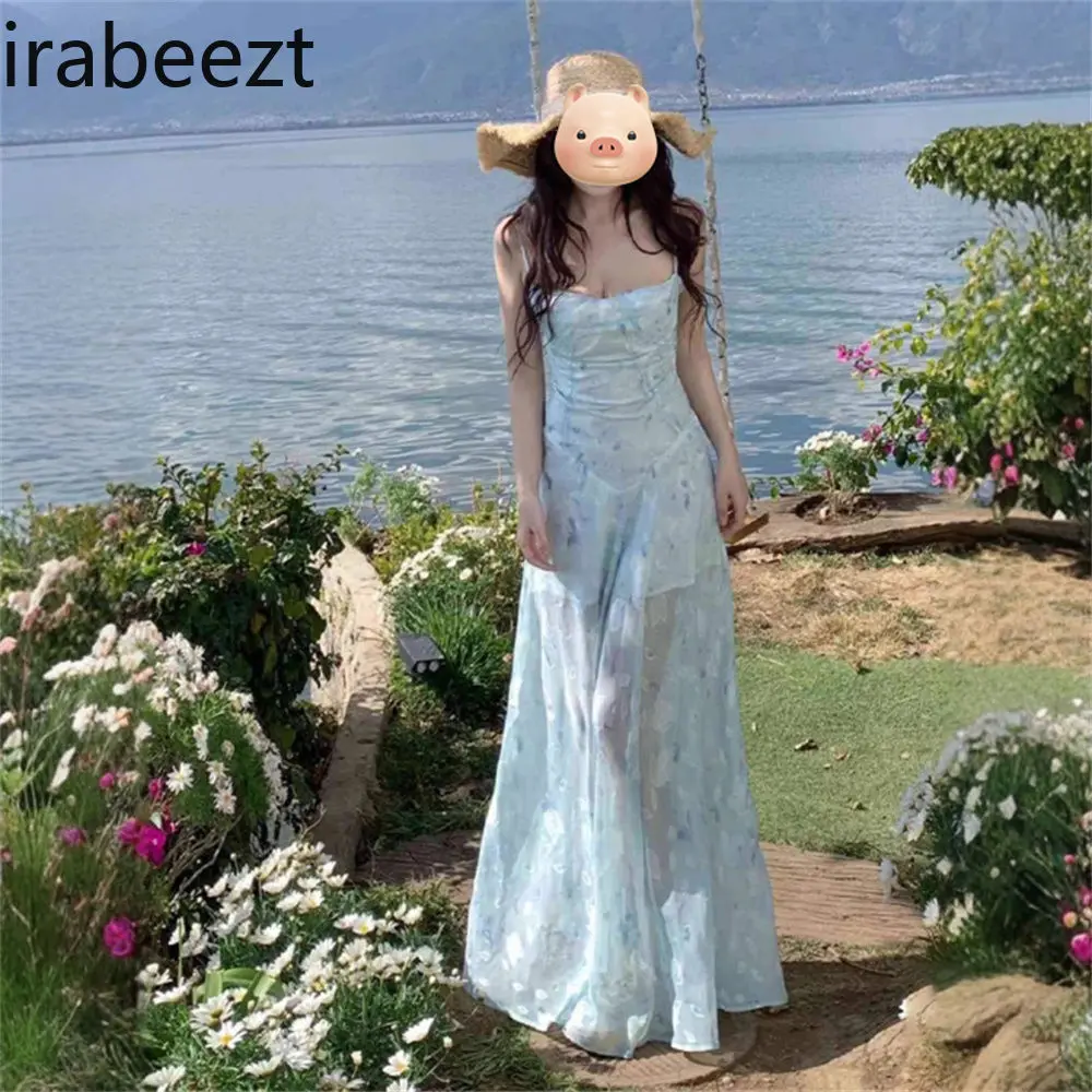 New Summer Style Age-reducing Waist Slimming A-line Long Skirt for Women French Gentle Style High-grade Floral Suspender Dress