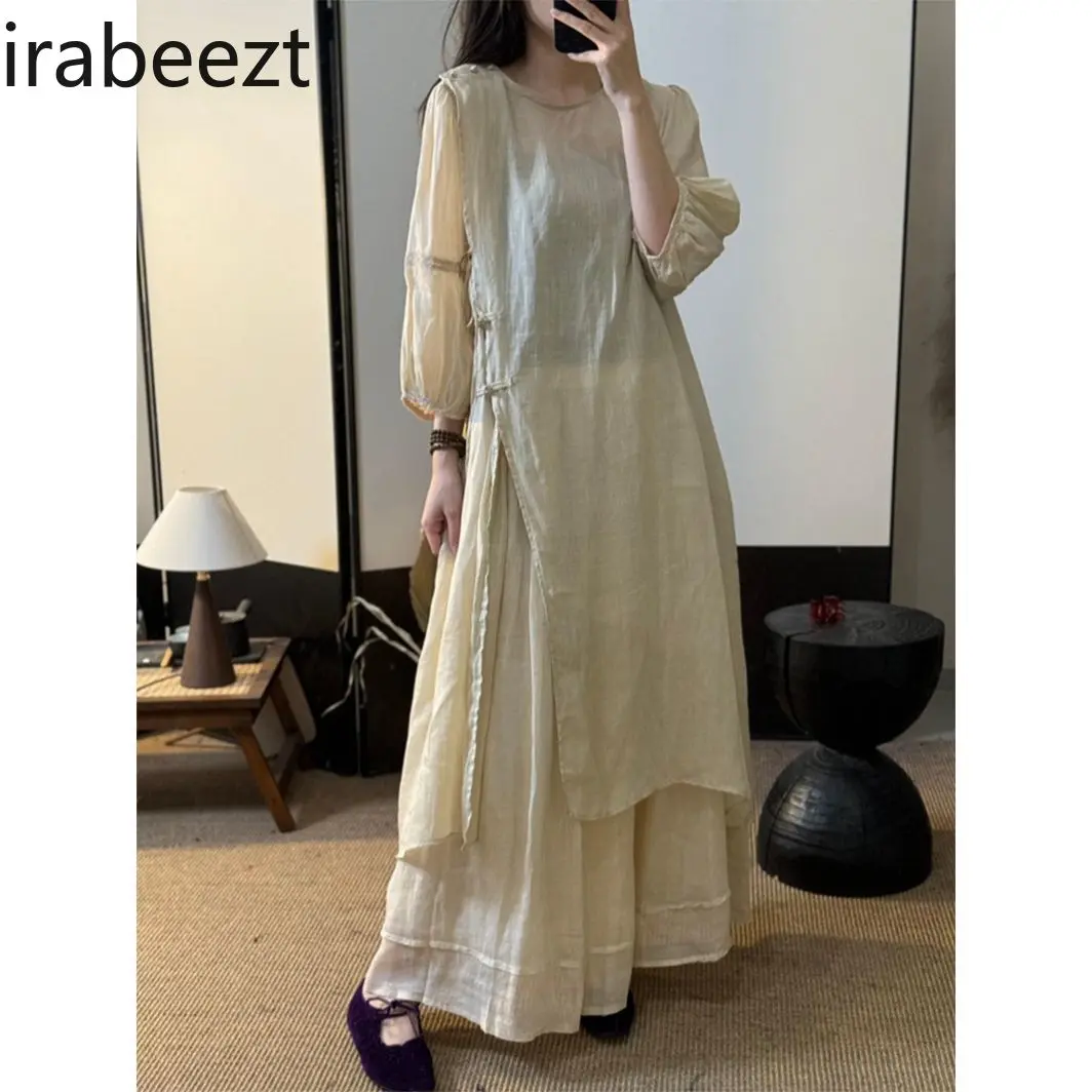 New Chinese High Quality Ramie Hand-made Disc Buckle Lace Cotton Linen Dress Double Half Skirt Set Tide Robe Femme Été