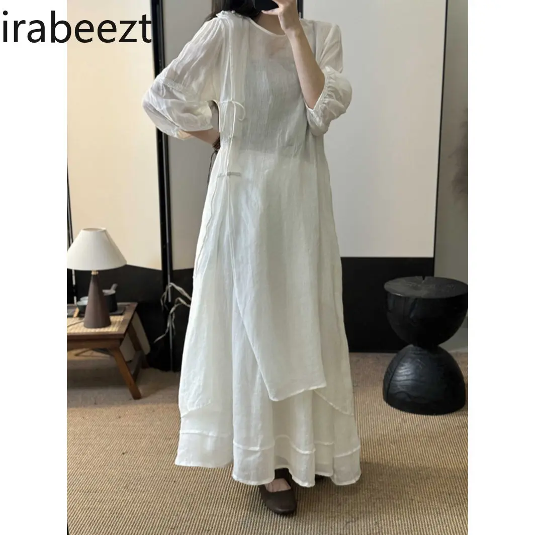 New Chinese High Quality Ramie Hand-made Disc Buckle Lace Cotton Linen Dress Double Half Skirt Set Tide Robe Femme Été