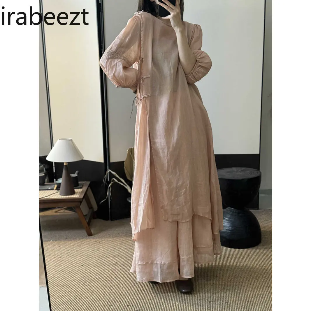 New Chinese High Quality Ramie Hand-made Disc Buckle Lace Cotton Linen Dress Double Half Skirt Set Tide Robe Femme Été