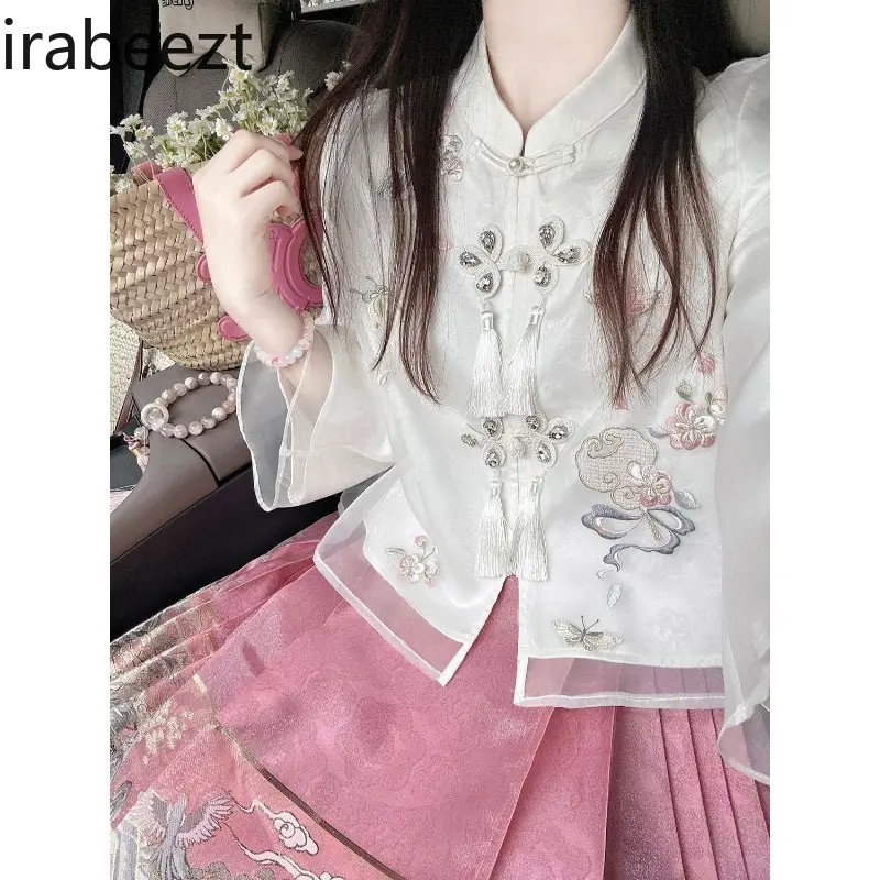 Women Set White Mandarin Collar Tassel Coat+High Waist Embroidery Horse Face Skirt Chinese Style Elegant Two Piece Lady Clothing