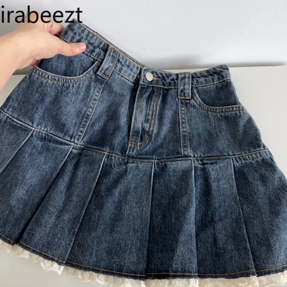 Hot Sale Lace Edge Regular Fit Half Pack Female Summer Academy Style Age-reducing High-waisted A-line Denim Skirt