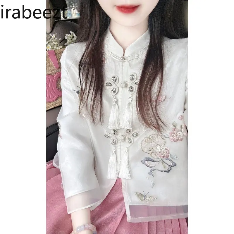 Women Set White Mandarin Collar Tassel Coat+High Waist Embroidery Horse Face Skirt Chinese Style Elegant Two Piece Lady Clothing