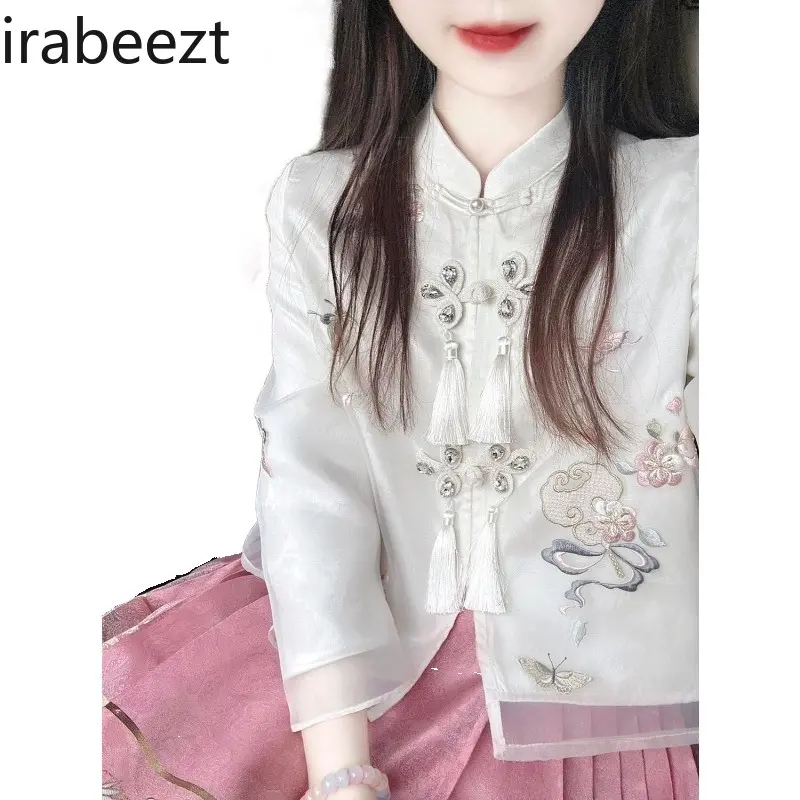 Women Set White Mandarin Collar Tassel Coat+High Waist Embroidery Horse Face Skirt Chinese Style Elegant Two Piece Lady Clothing