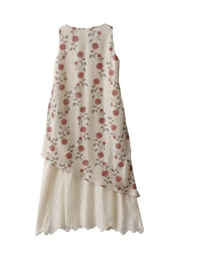 New Summer Vintage Vacation Travel Style Rose Lace Embroidery Fake Two Sundress Dresses Long Viscose Women Dress