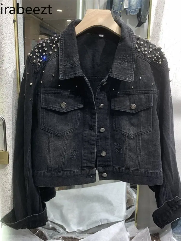 Hong Kong Style Denim Jacket for Women High-end Beaded Jacket 2025 Autumn Distressed Raw Edge Versatile Short Top